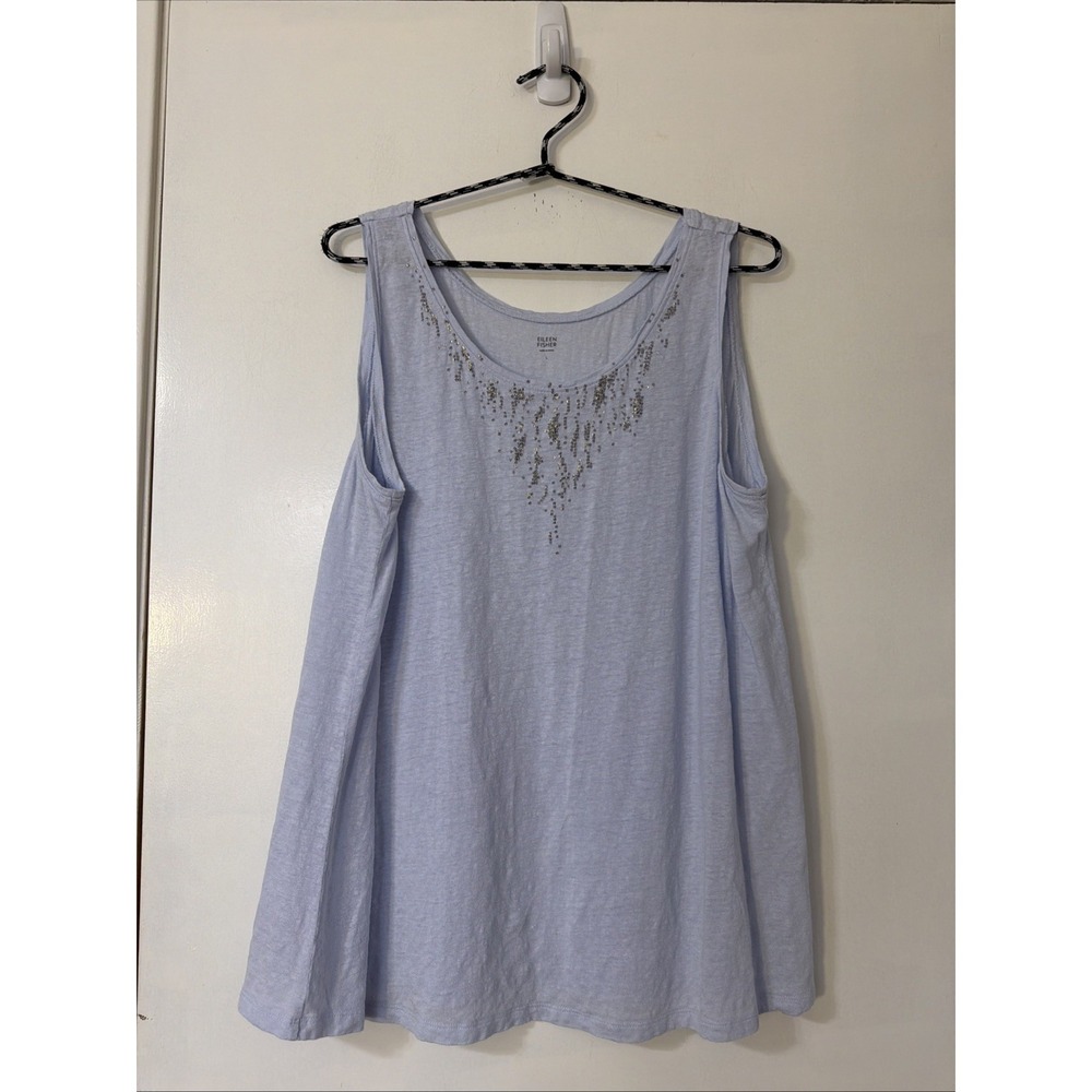 EILEEN FISHER Blue with Silver Beading Scoop Neck 100% Linen Knit Tank Top Large